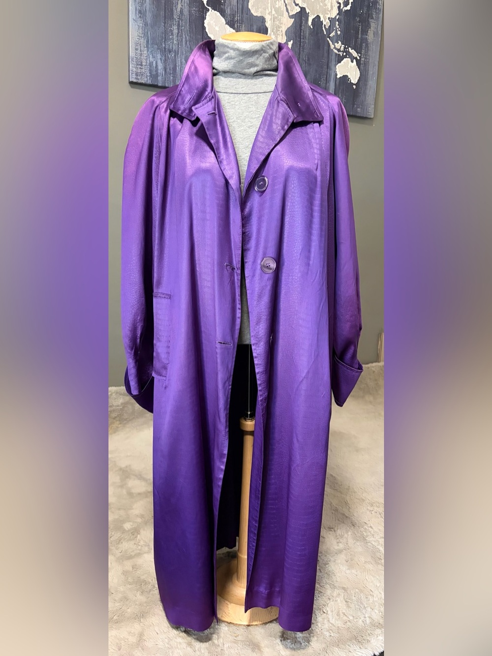 Purple Croc Embossed Satin Maxi Trench Coat Oversized Statement Duster